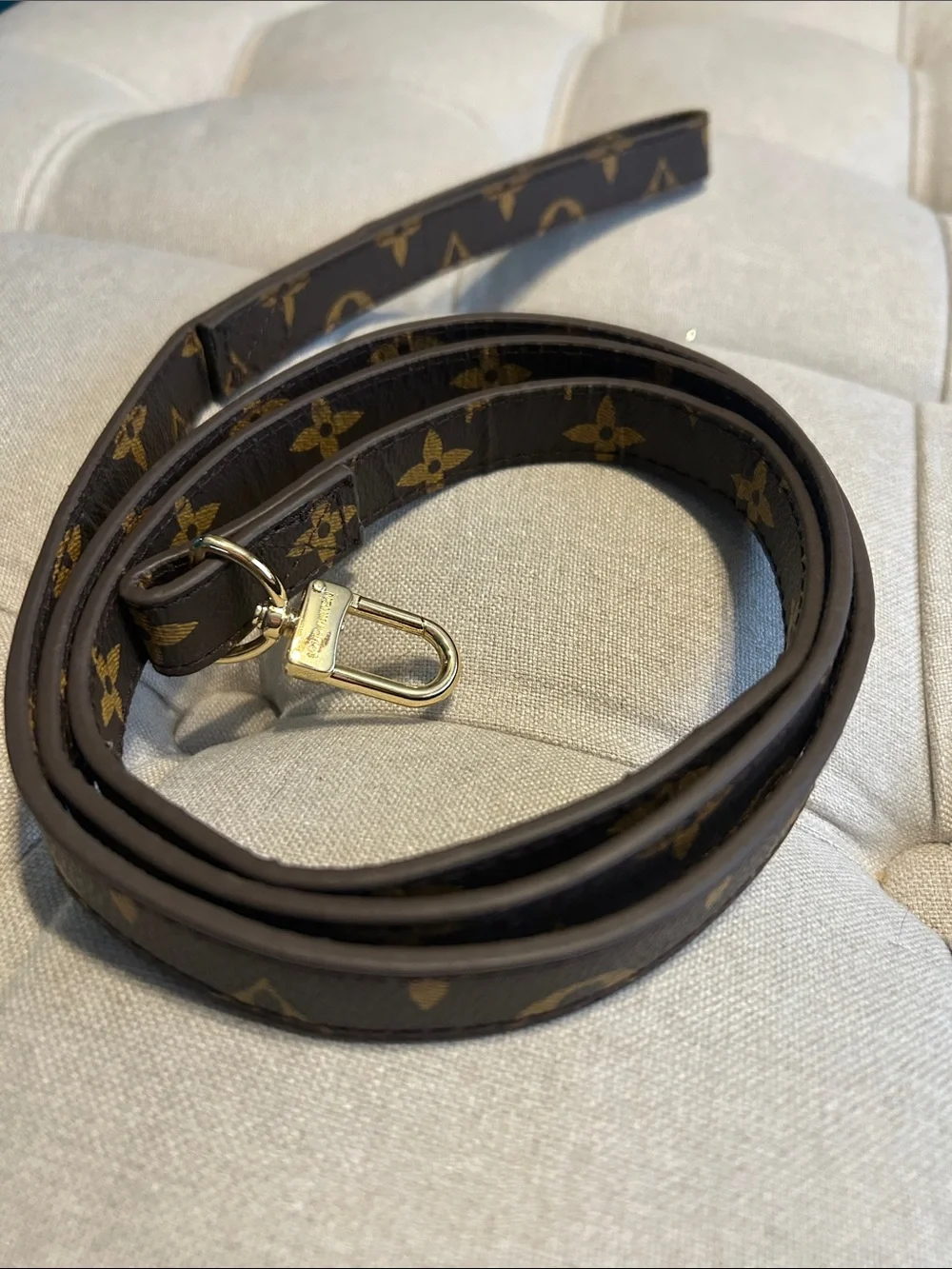 Designer-Inspired Brown Monogram Crossbody Strap with Gold Hardware